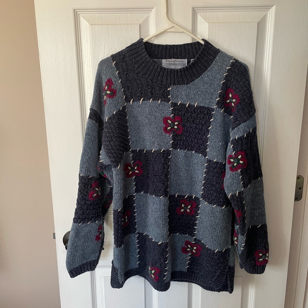 Vintage signatures by Northern Isles Cozy Patchwork Sweater knitted by hand.